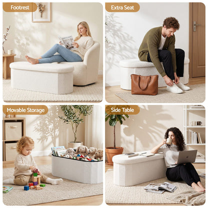 TWSC Storage Ottoman Foot Stool Rest Boucle Fabric Foldable White
