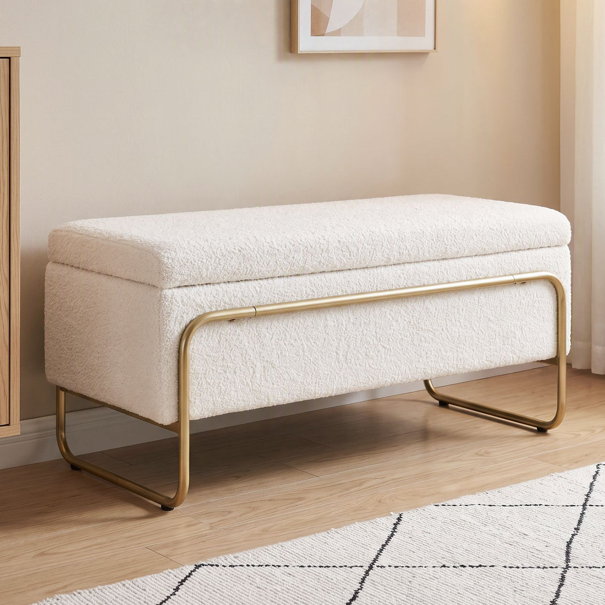 TWSC Storage Ottoman Boucle Padded Seat Footrest Hidden Storage Cream White