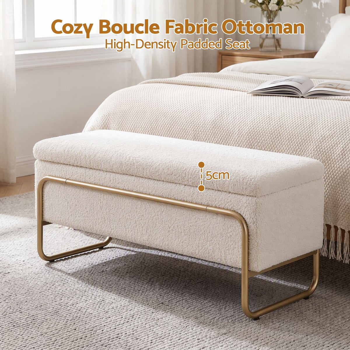 TWSC Storage Ottoman Boucle Padded Seat Footrest Hidden Storage Cream White