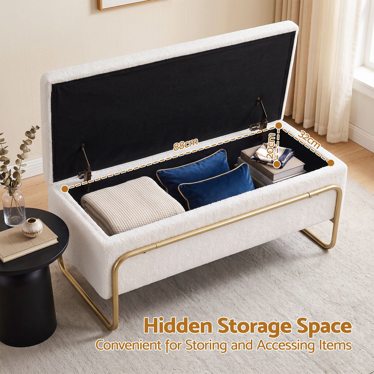 TWSC Storage Ottoman Boucle Padded Seat Footrest Hidden Storage Cream White