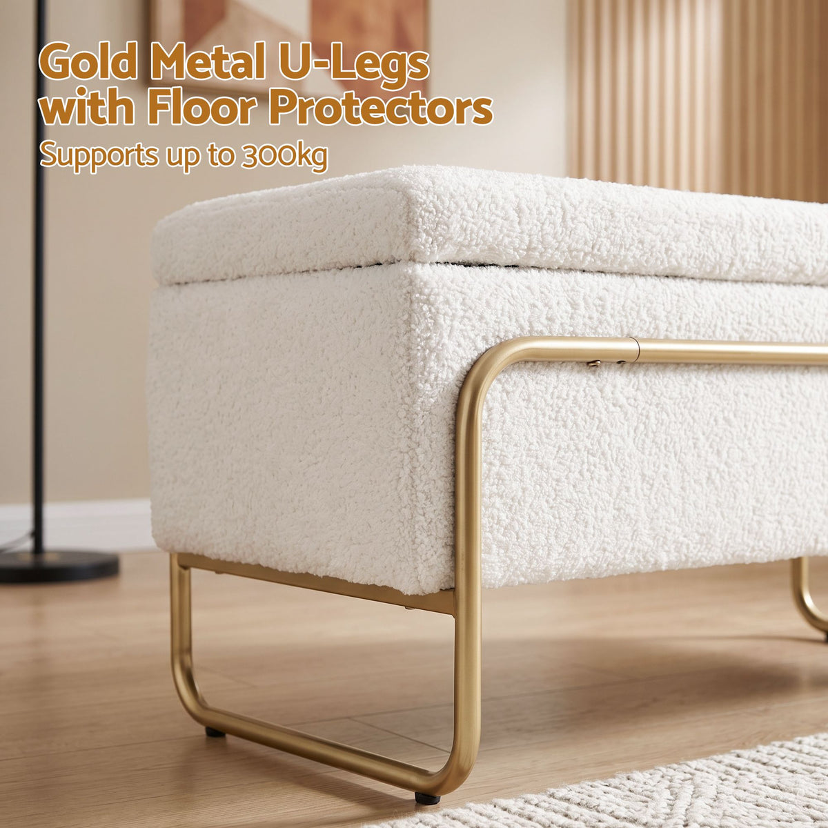 TWSC Storage Ottoman Boucle Padded Seat Footrest Hidden Storage Cream White