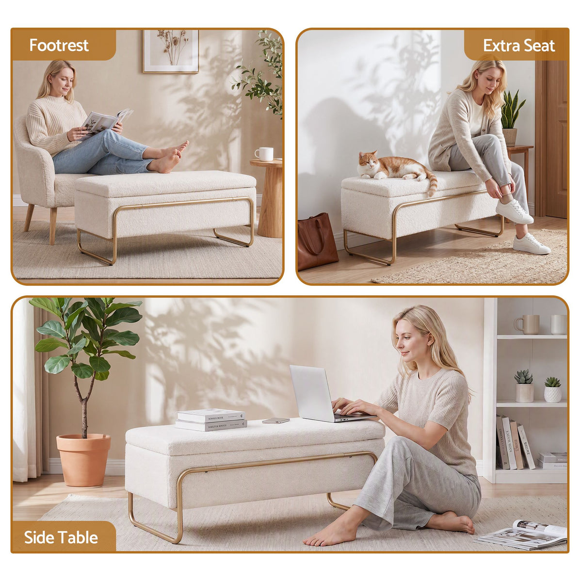 TWSC Storage Ottoman Boucle Padded Seat Footrest Hidden Storage Cream White