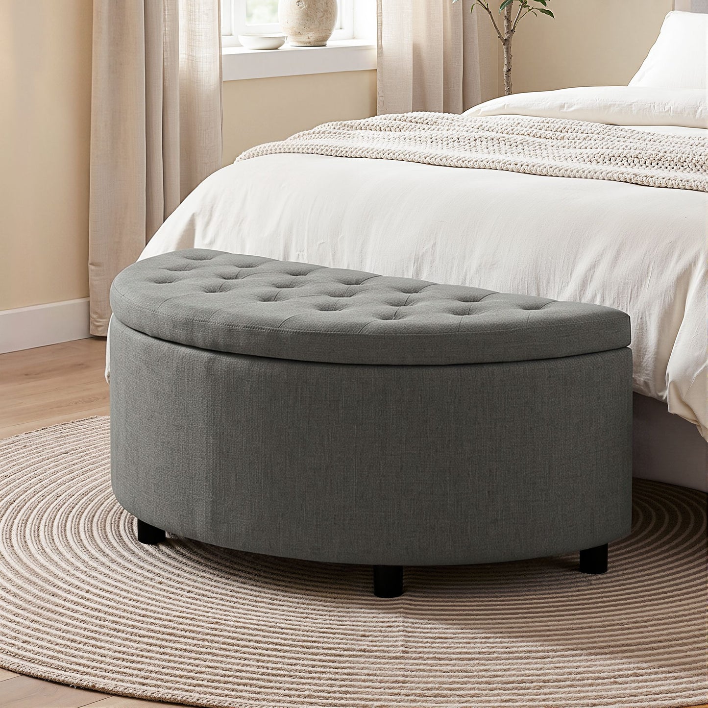 TWSC Storage Ottoman Bench Linen Fabric Tufted Half Round Footstool Grey