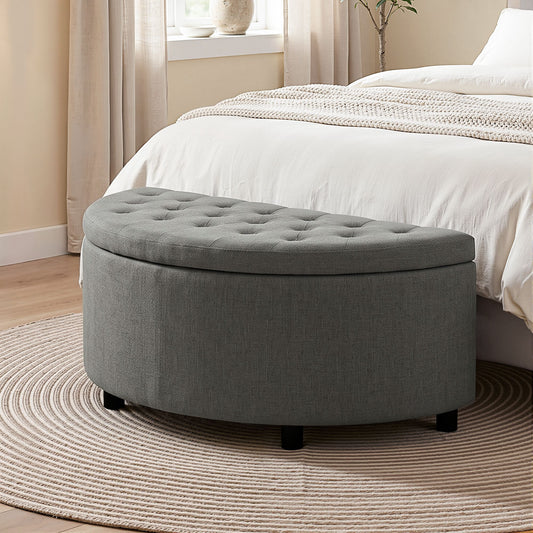 TWSC Storage Ottoman Bench Linen Fabric Tufted Half Round Footstool Grey