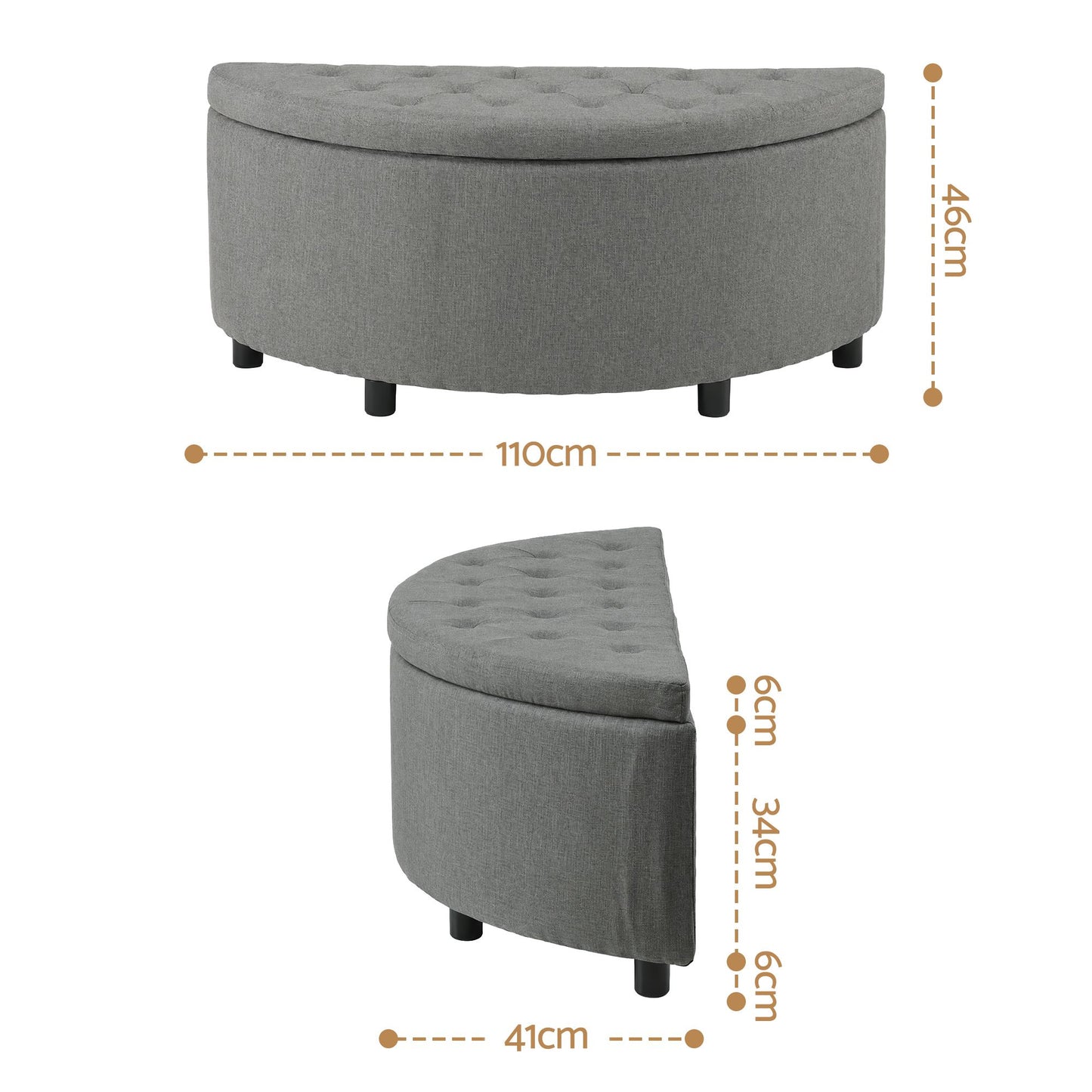 TWSC Storage Ottoman Bench Linen Fabric Tufted Half Round Footstool Grey