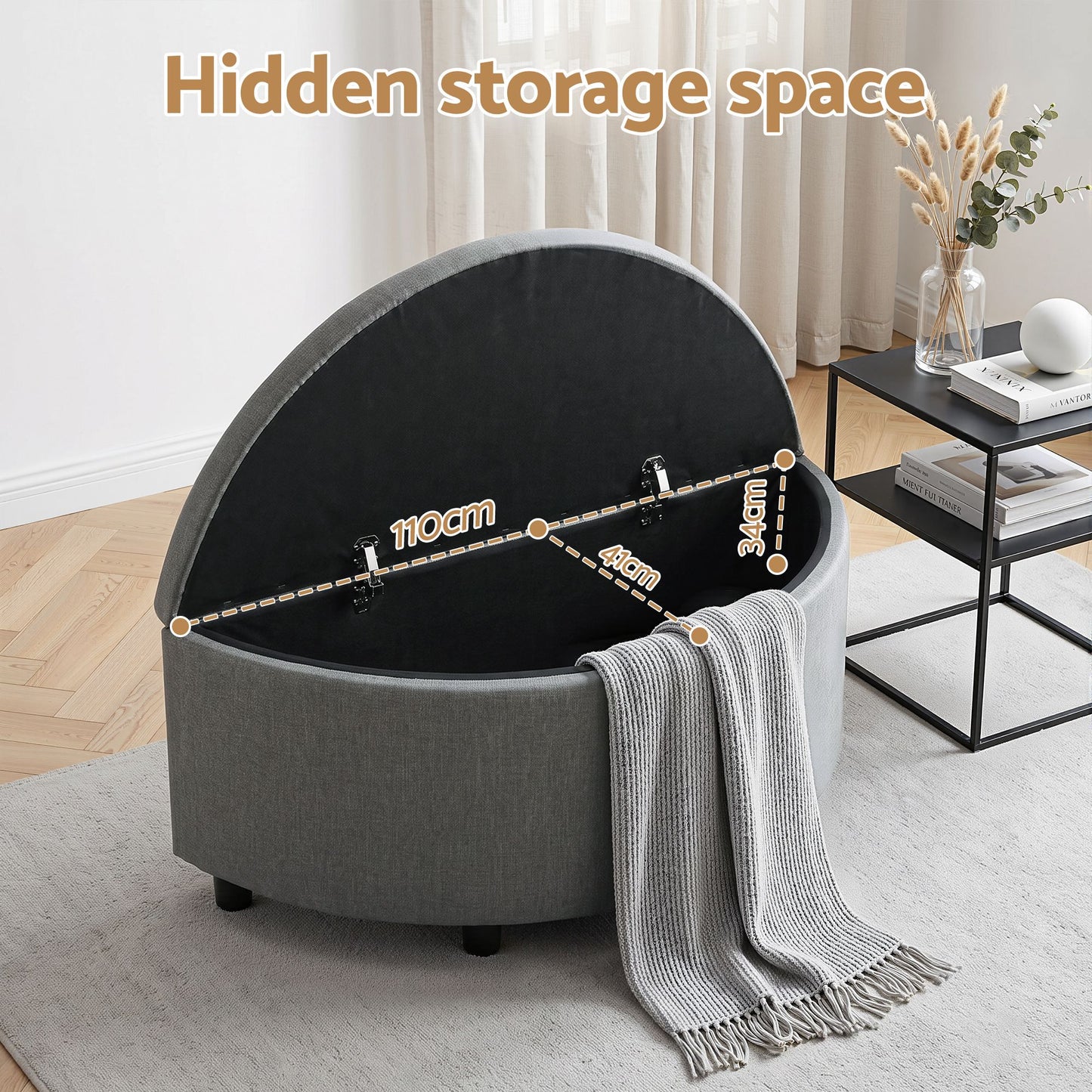 TWSC Storage Ottoman Bench Linen Fabric Tufted Half Round Footstool Grey