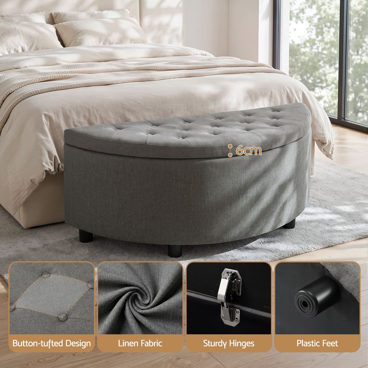 TWSC Storage Ottoman Bench Linen Fabric Tufted Half Round Footstool Grey