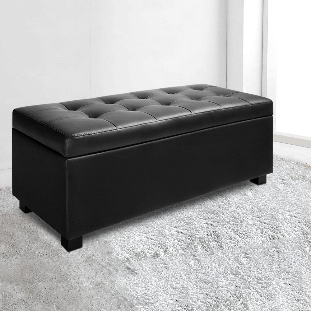 TWSC Storage Ottoman Blanket Box 97cm Leather Black