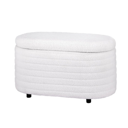 Oval storage ottoman in boucle fabric by The Willow Stone Collective, 87cm length, versatile living room furniture piece.
