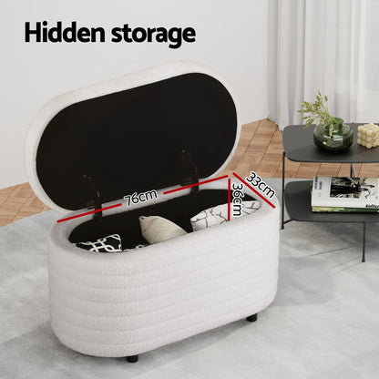 Oval storage ottoman in boucle fabric with wooden legs, 87cm long, from The Willow Stone Collective.