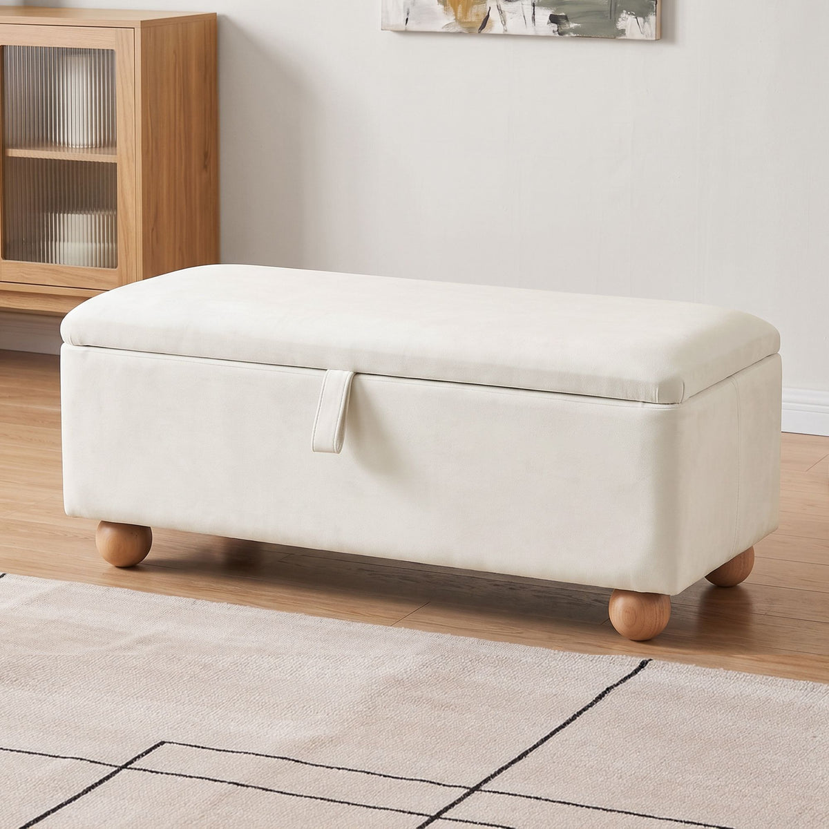 TWSC Storage Ottoman Hidden Bench Velvet Blanket Box Beige 97cm