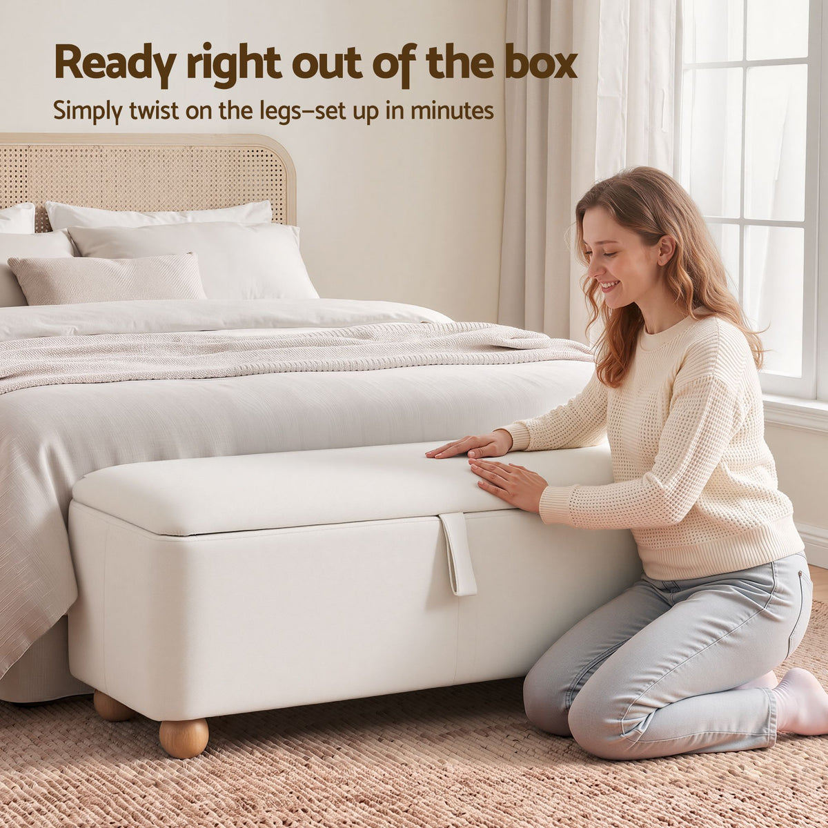 TWSC Storage Ottoman Hidden Bench Velvet Blanket Box Beige 97cm