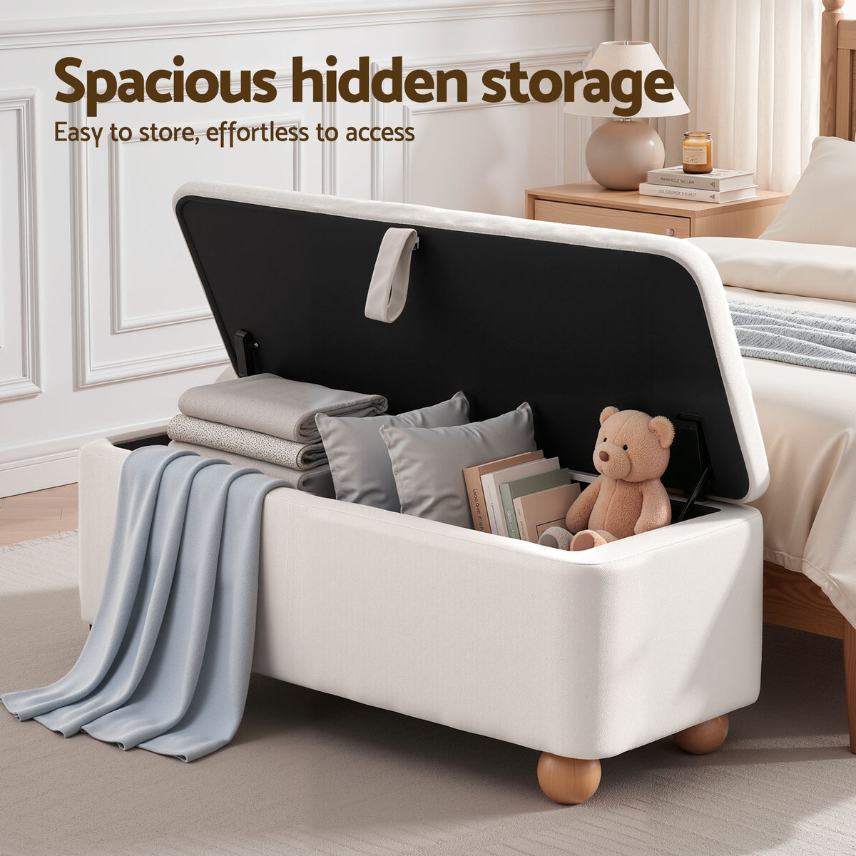 TWSC Storage Ottoman Hidden Bench Velvet Blanket Box Beige 97cm