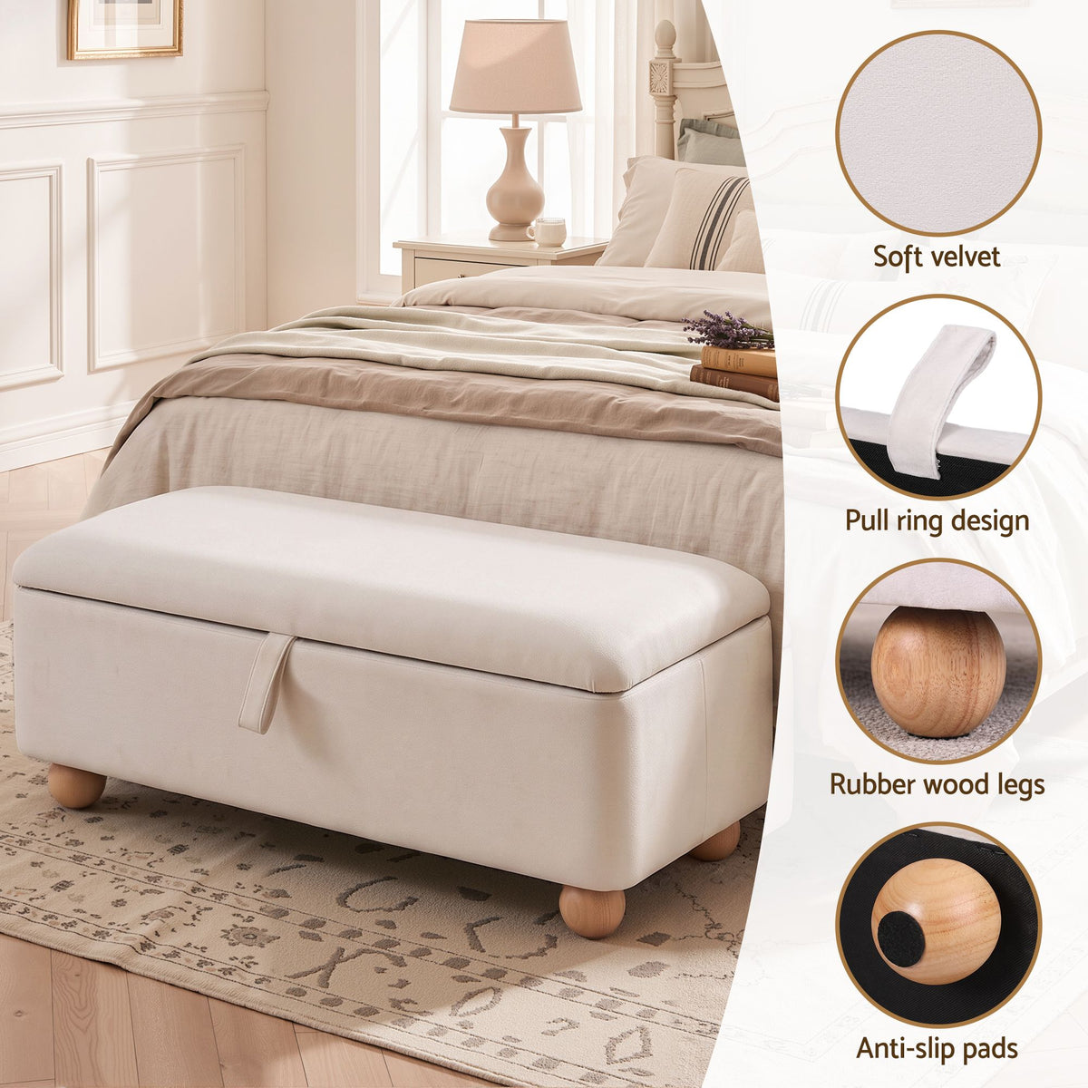 TWSC Storage Ottoman Hidden Bench Velvet Blanket Box Beige 97cm