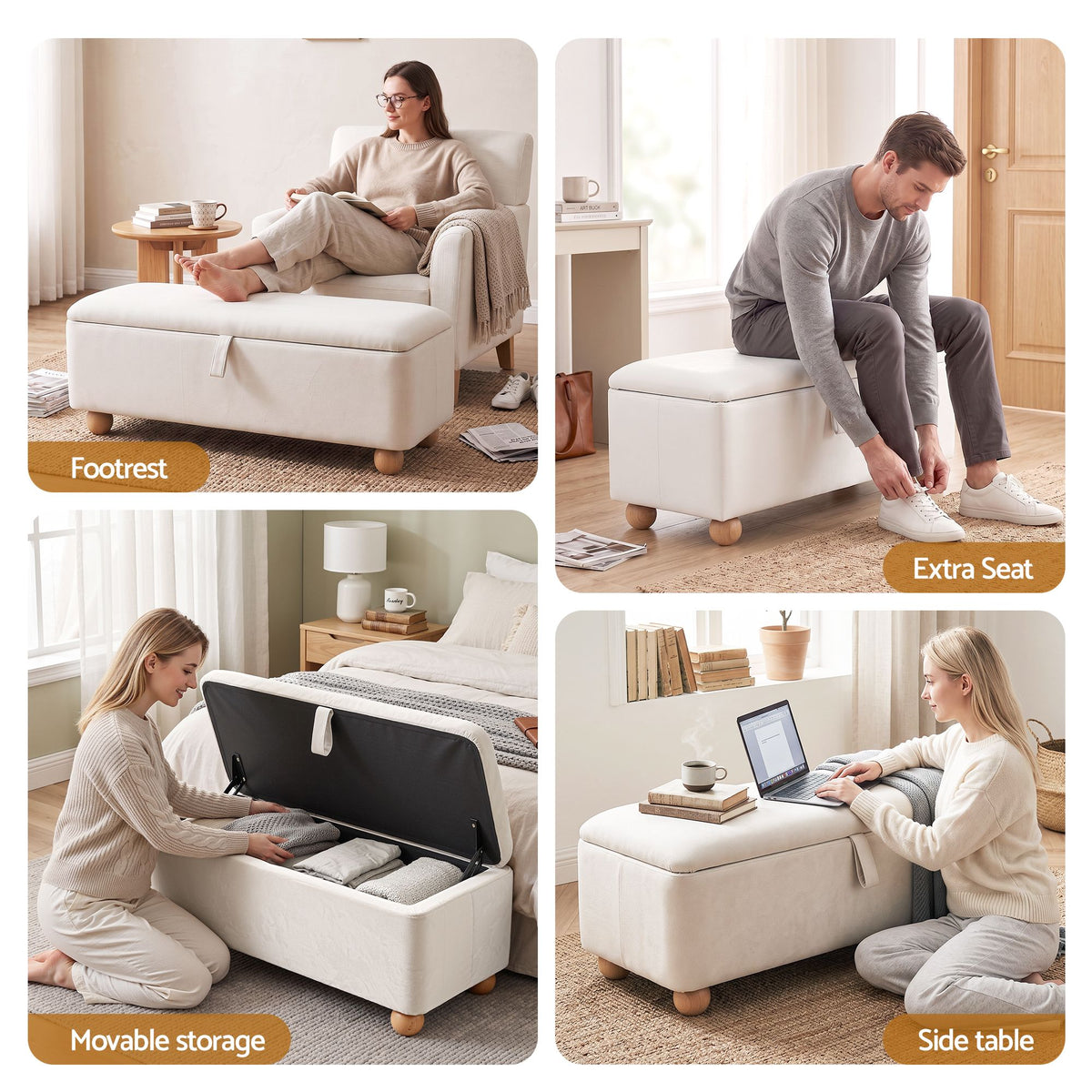 TWSC Storage Ottoman Hidden Bench Velvet Blanket Box Beige 97cm