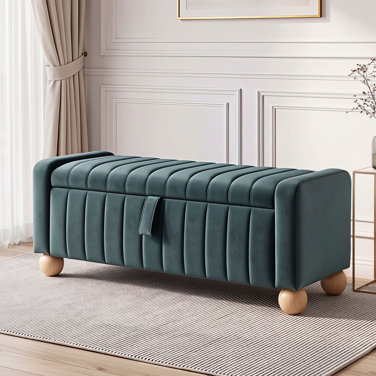 TWSC Storage Ottoman Bench Velvet Blanket Box Stool Footrest Ball Feet Green