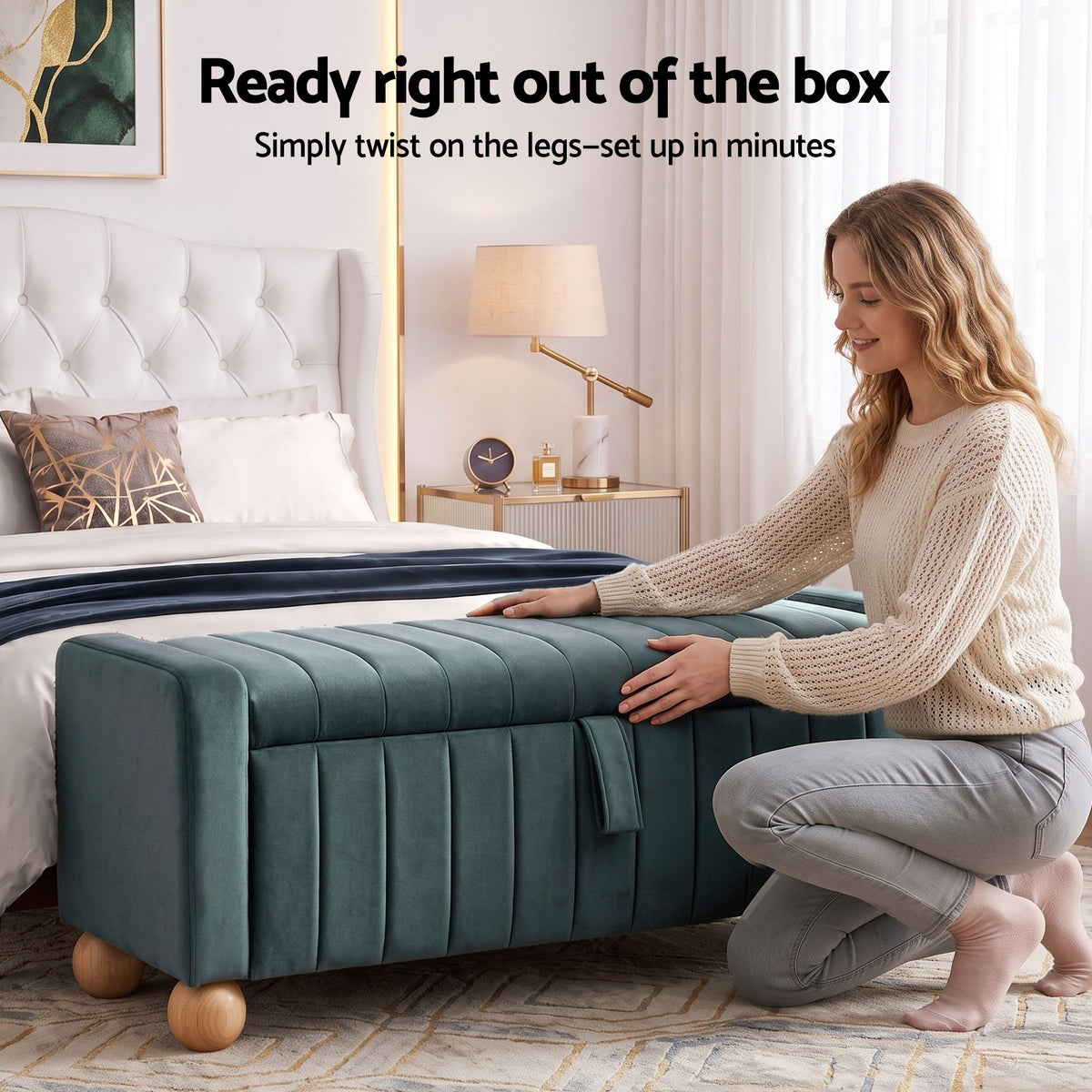 TWSC Storage Ottoman Bench Velvet Blanket Box Stool Footrest Ball Feet Green