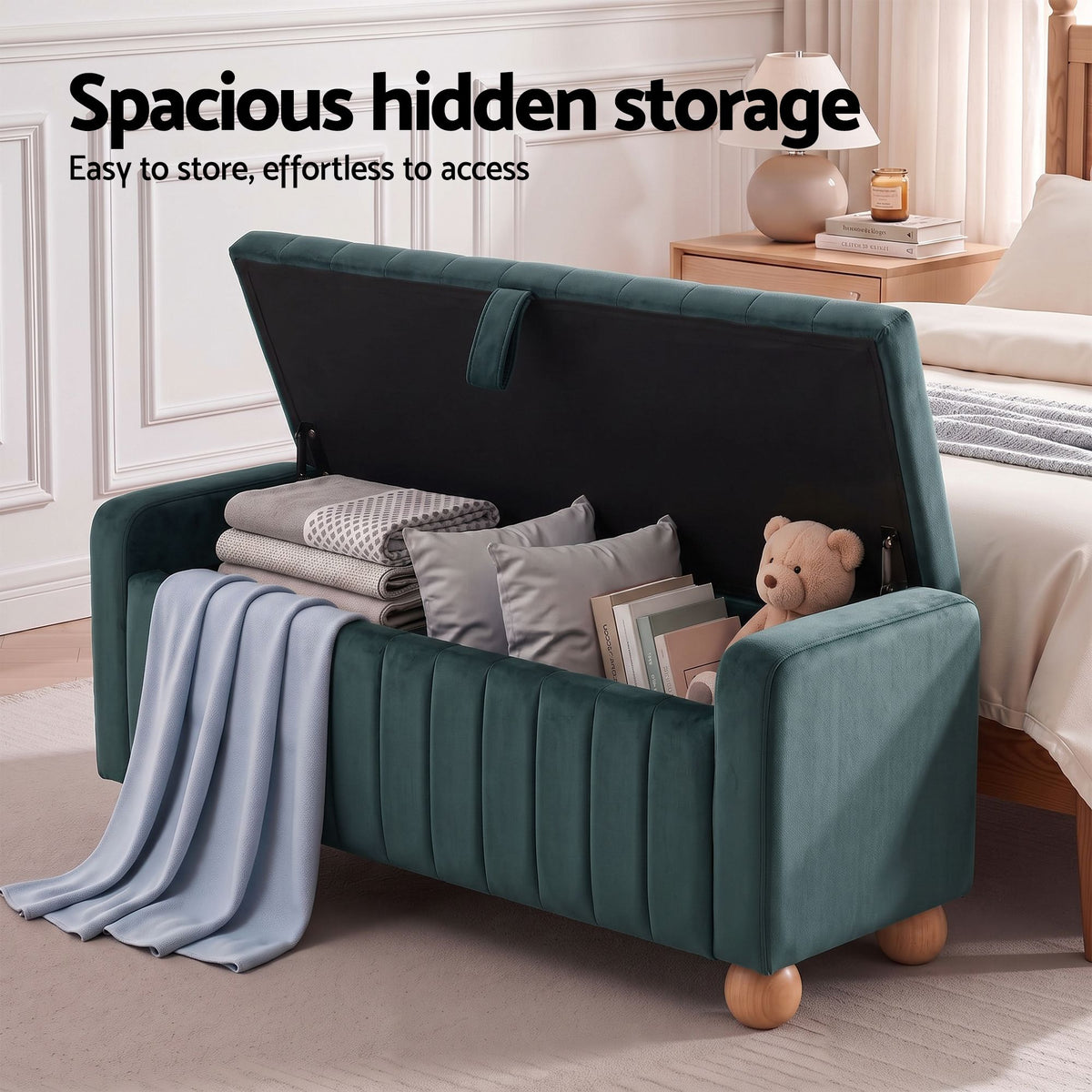 TWSC Storage Ottoman Bench Velvet Blanket Box Stool Footrest Ball Feet Green