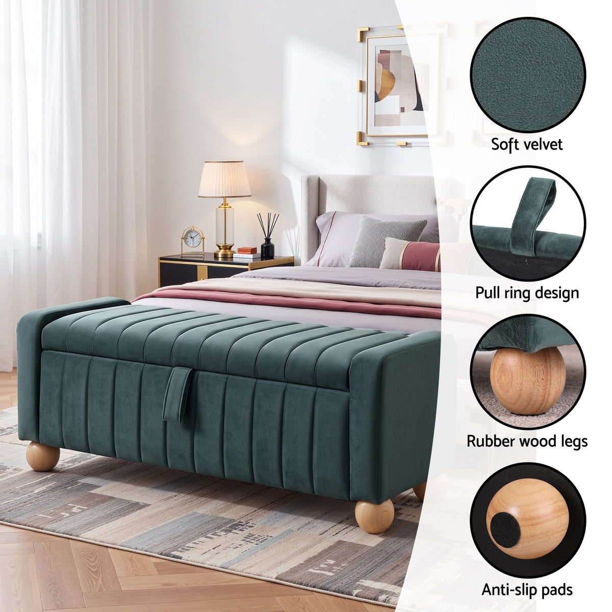 TWSC Storage Ottoman Bench Velvet Blanket Box Stool Footrest Ball Feet Green