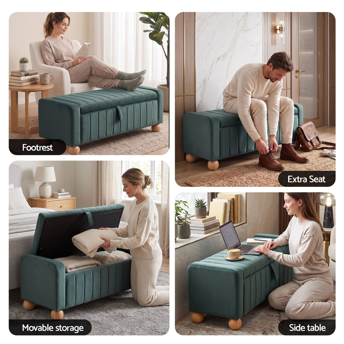 TWSC Storage Ottoman Bench Velvet Blanket Box Stool Footrest Ball Feet Green