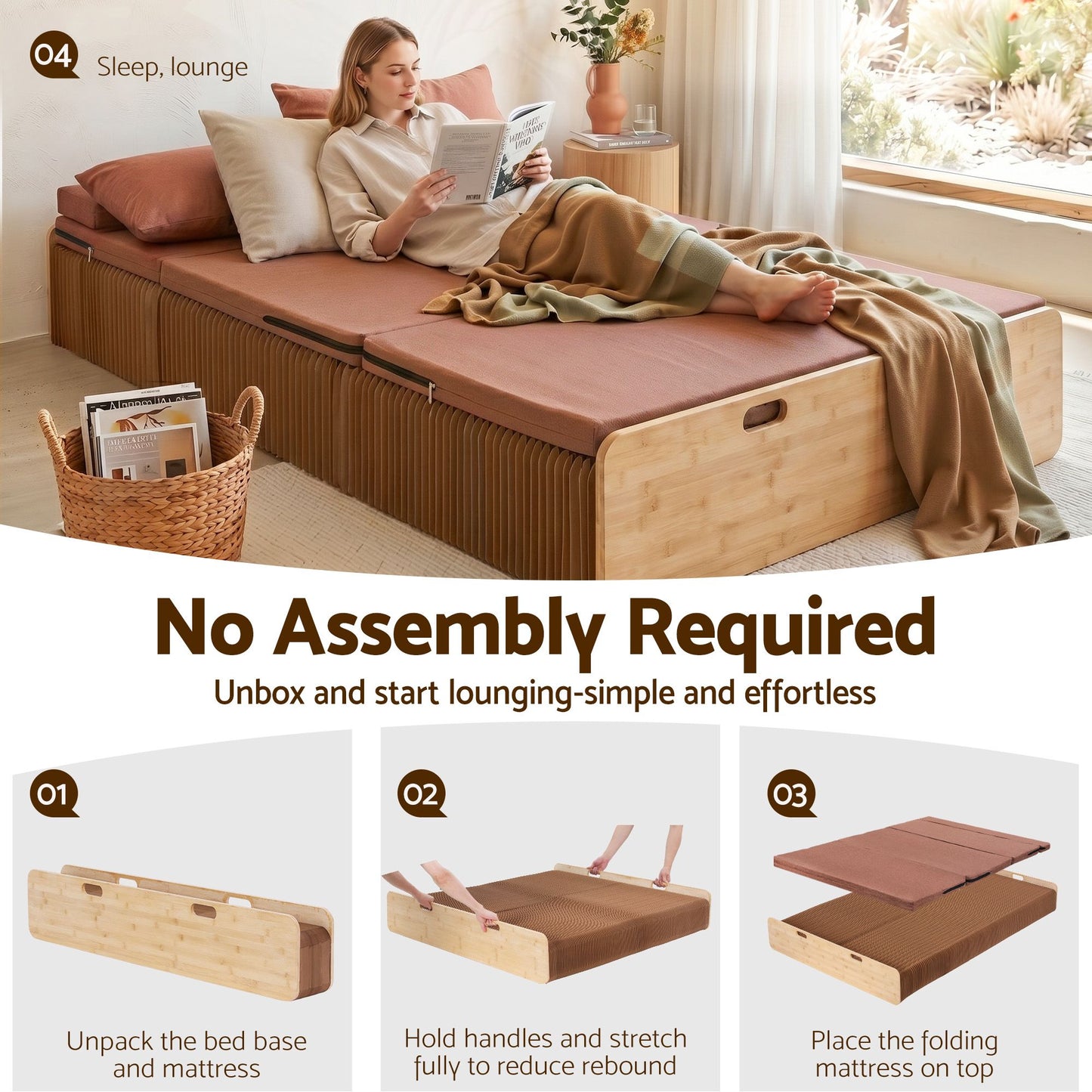 Folding Kraft Paper Bed Frame with Mattress and Pillow – 300kg Capacity, 200x120cm