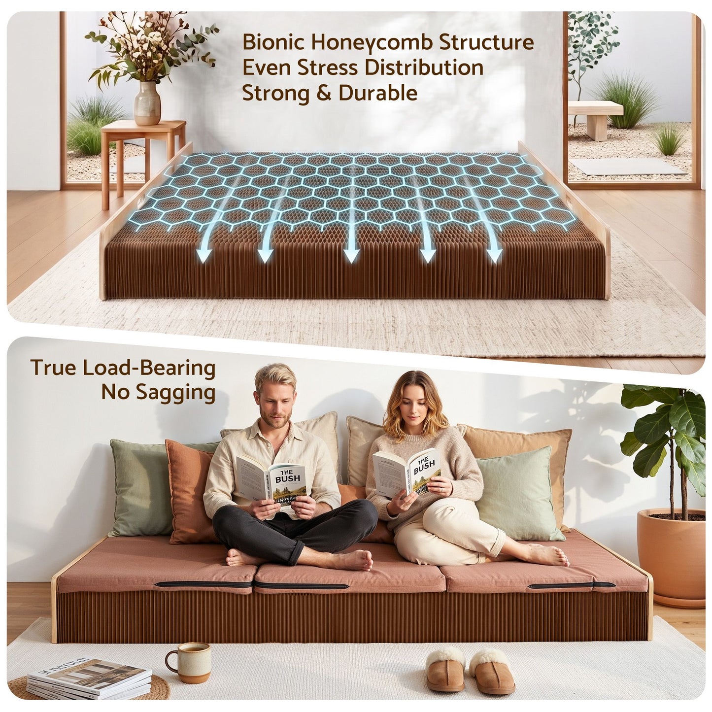 Folding Kraft Paper Bed Frame with Mattress and Pillow – 300kg Capacity, 200x120cm