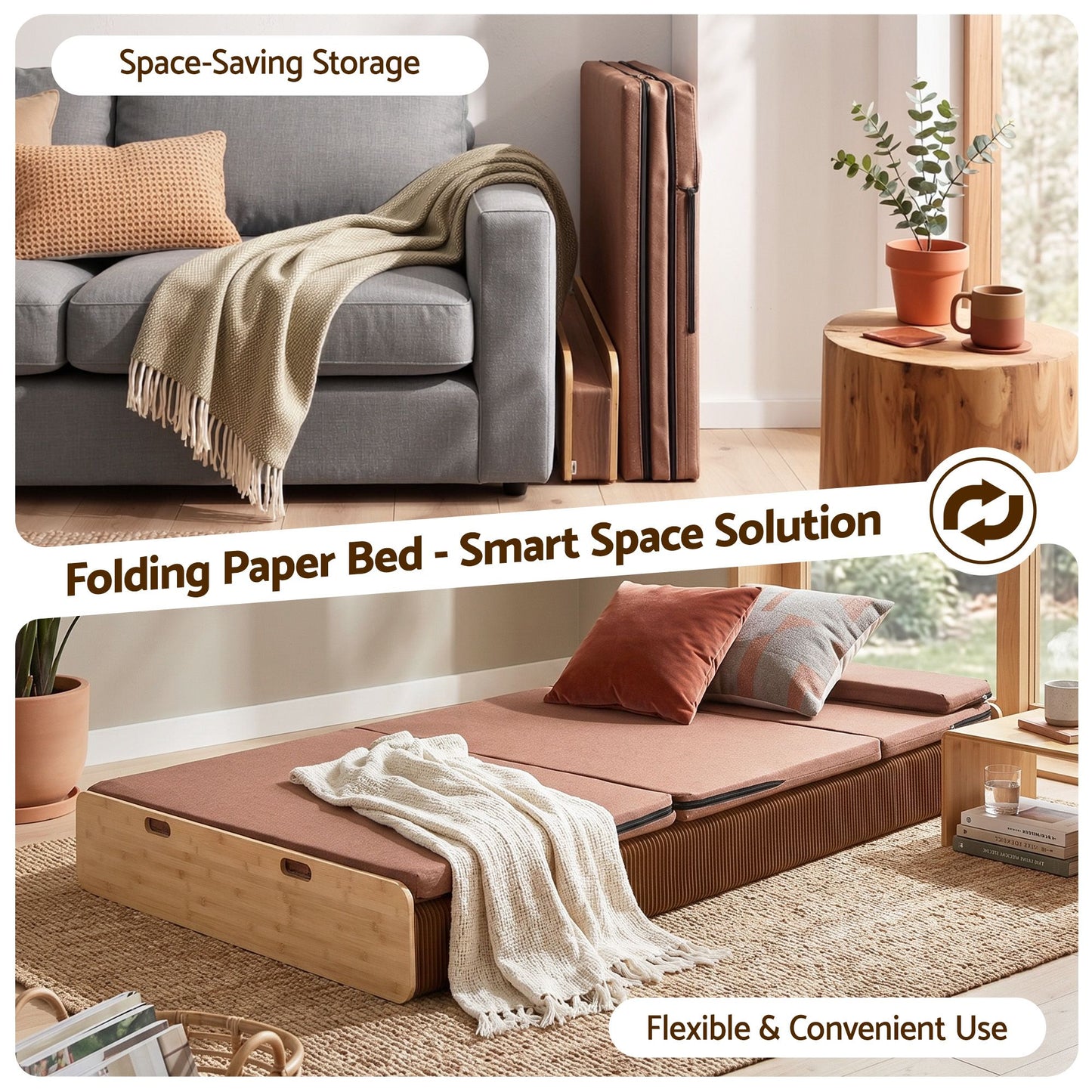 Folding Kraft Paper Bed Frame with Mattress and Pillow – 300kg Capacity, 200x120cm