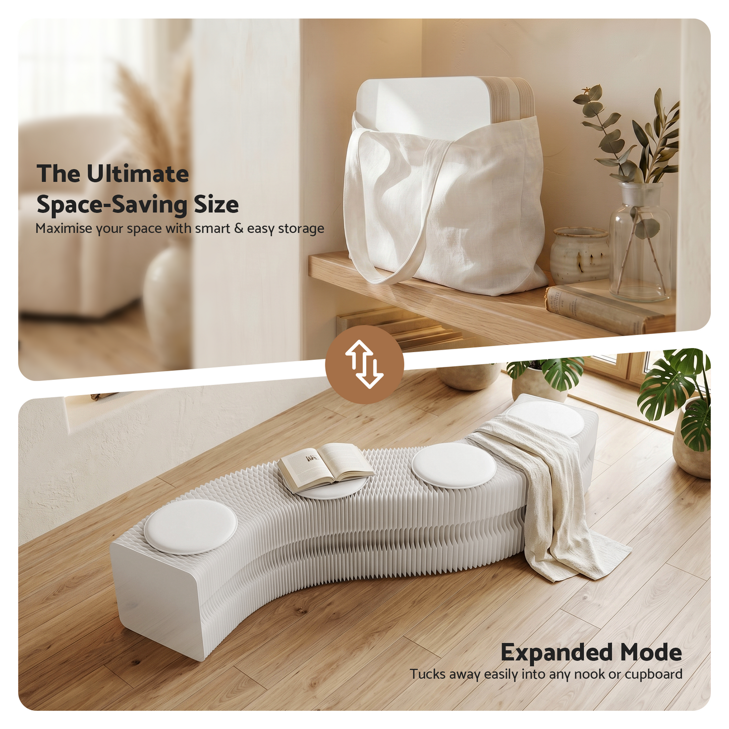 Folding Paper Bench – Expandable Accordion Stool with 4 PU Leather Seat Pads