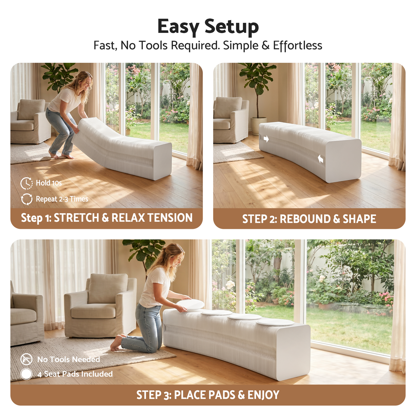 Folding Paper Bench – Expandable Accordion Stool with 4 PU Leather Seat Pads