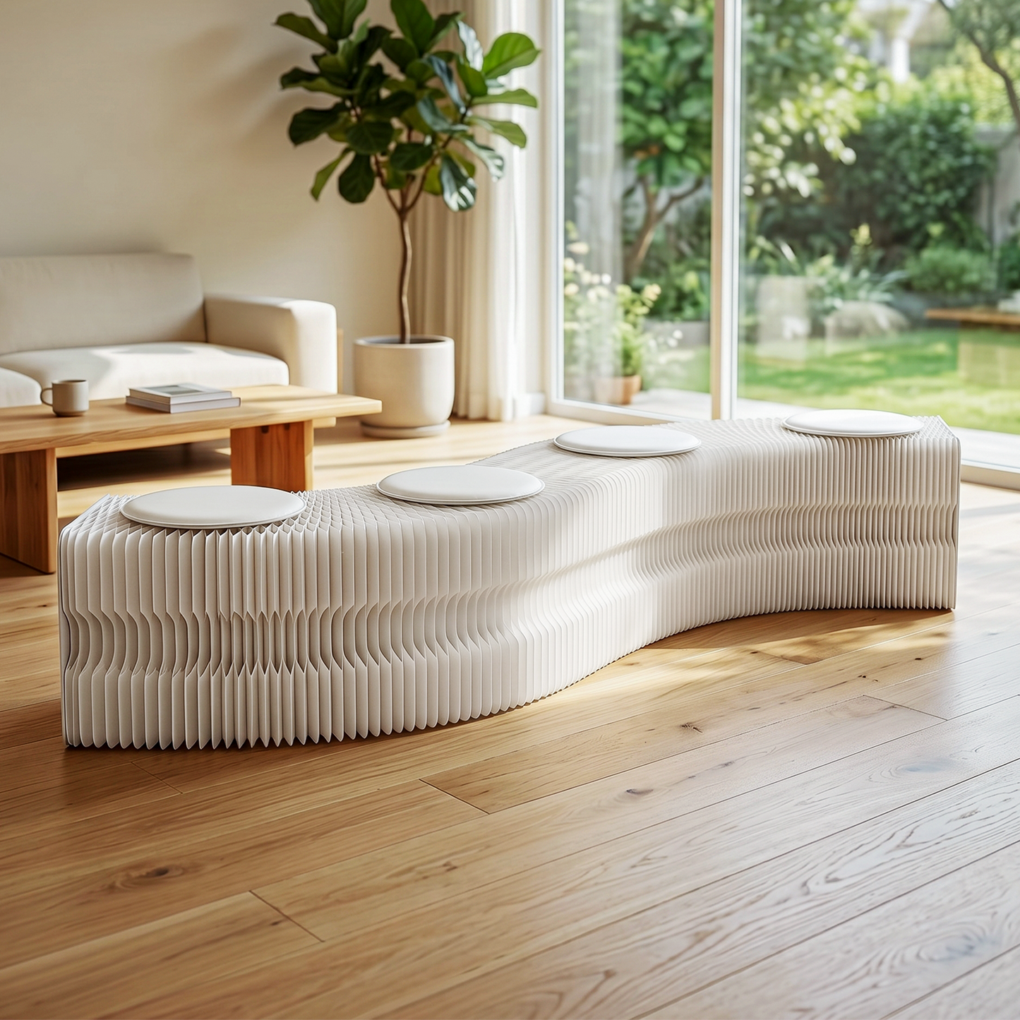 Folding Paper Bench – Expandable Accordion Stool with 4 PU Leather Seat Pads