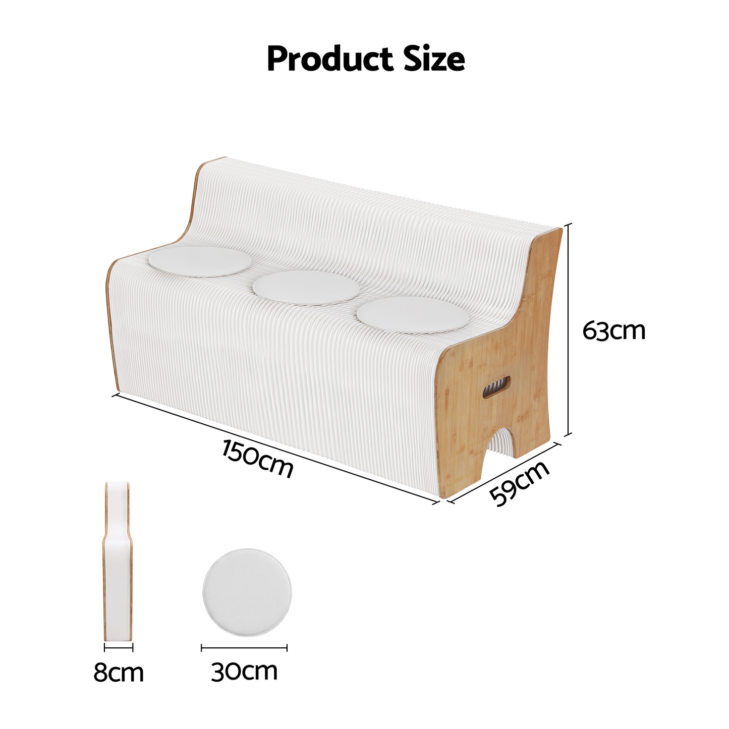 TWSC Folding Kraft Paper Sofa 3 Seater Accordion Bench with PU Leather Cushion Collapsible Couch 300kg Capacity 150x59x63cm
