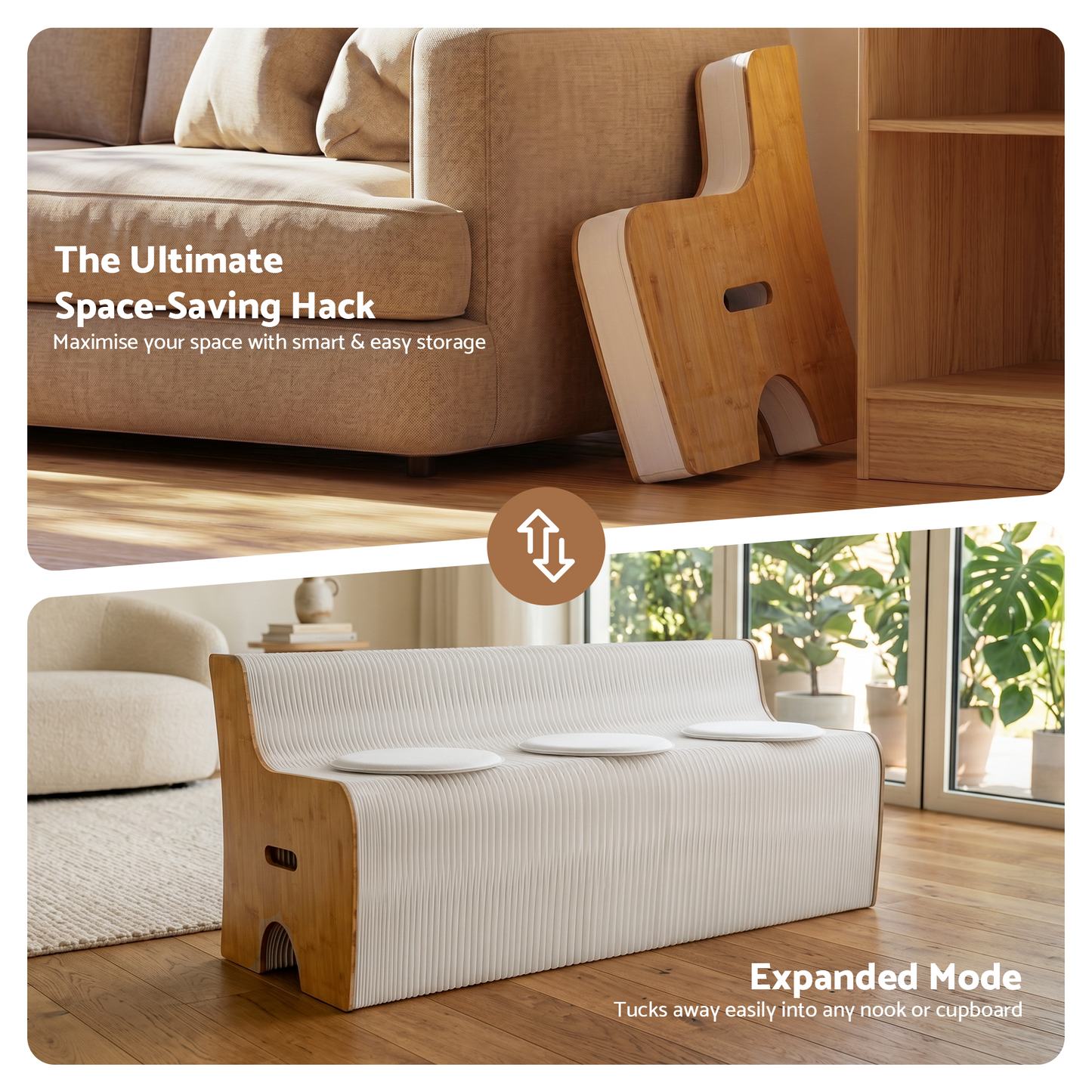 TWSC Folding Kraft Paper Sofa 3 Seater Accordion Bench with PU Leather Cushion Collapsible Couch 300kg Capacity 150x59x63cm