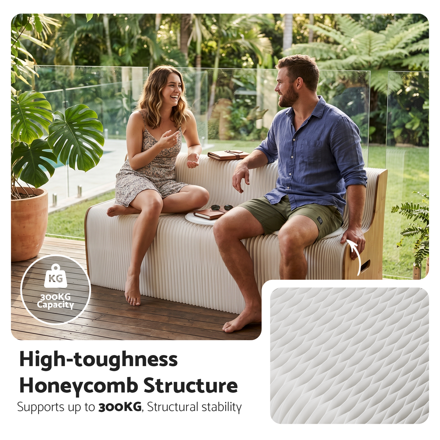 TWSC Folding Kraft Paper Sofa 3 Seater Accordion Bench with PU Leather Cushion Collapsible Couch 300kg Capacity 150x59x63cm