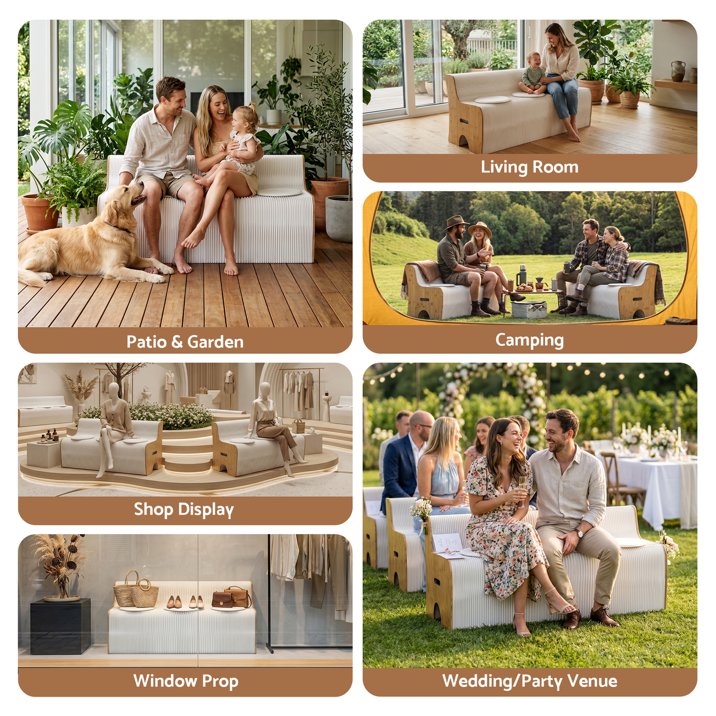 TWSC Folding Kraft Paper Sofa 3 Seater Accordion Bench with PU Leather Cushion Collapsible Couch 300kg Capacity 150x59x63cm
