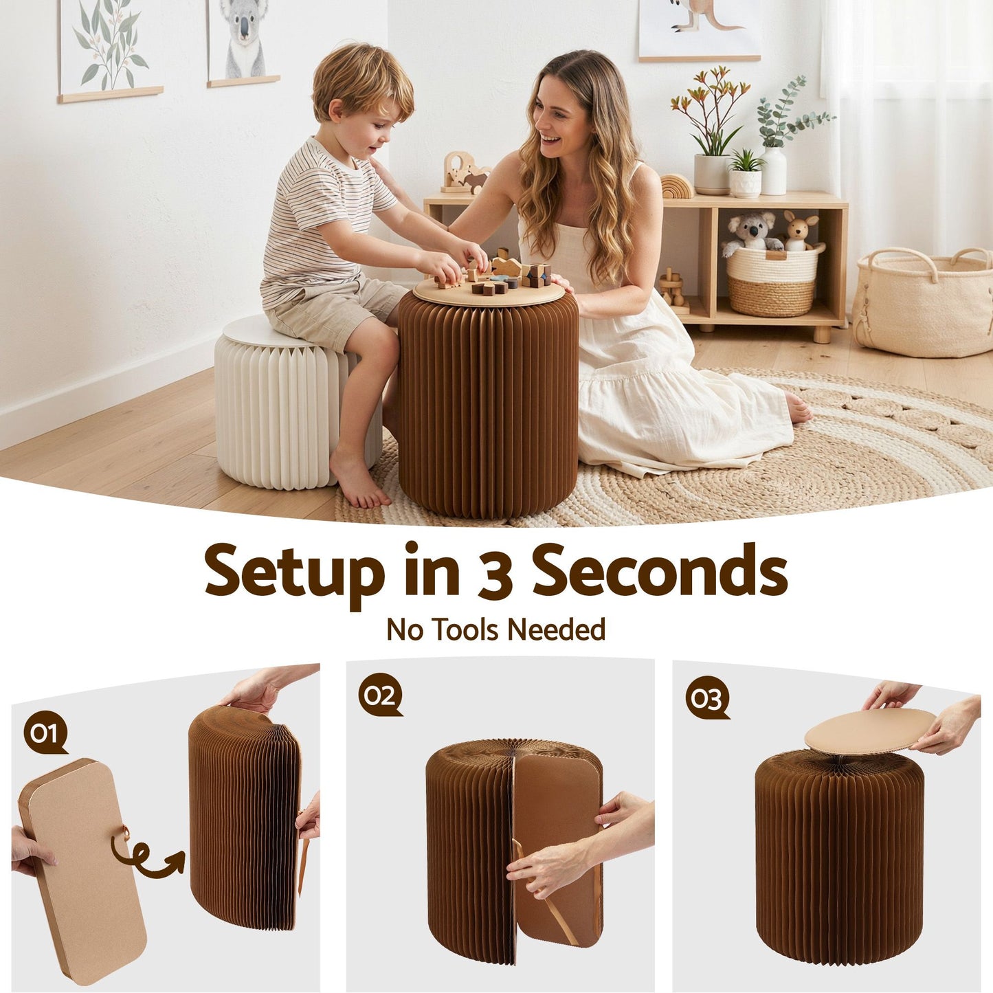 Accordion Folding Paper Stool Set with Cushions – Natural Kraft, 100KG Capacity
