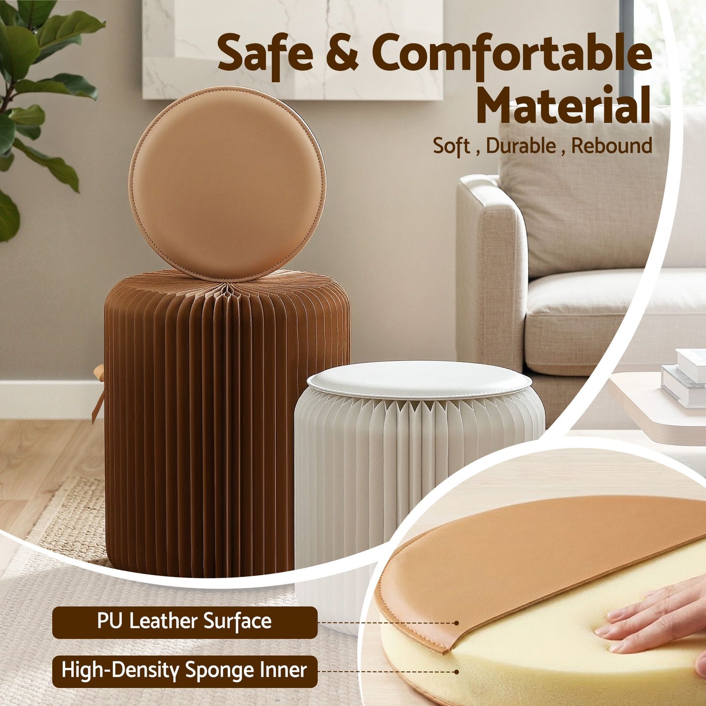 Accordion Folding Paper Stool Set with Cushions – Natural Kraft, 100KG Capacity