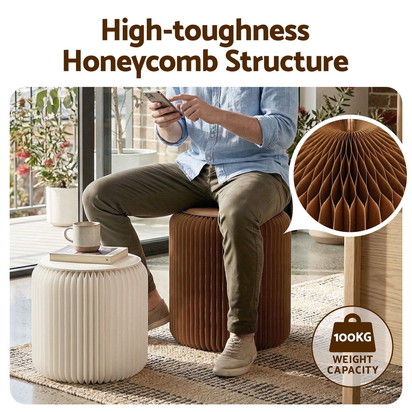 Accordion Folding Paper Stool Set with Cushions – Natural Kraft, 100KG Capacity
