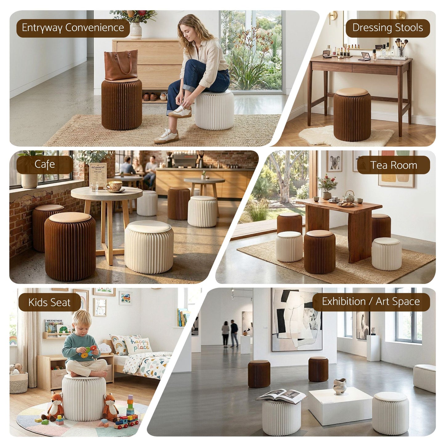 Accordion Folding Paper Stool Set with Cushions – Natural Kraft, 100KG Capacity