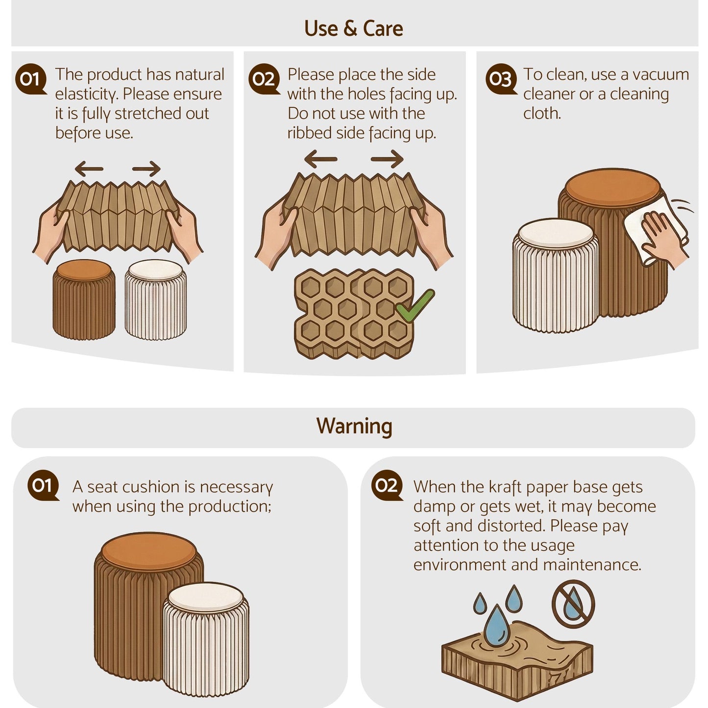 Accordion Folding Paper Stool Set with Cushions – Natural Kraft, 100KG Capacity