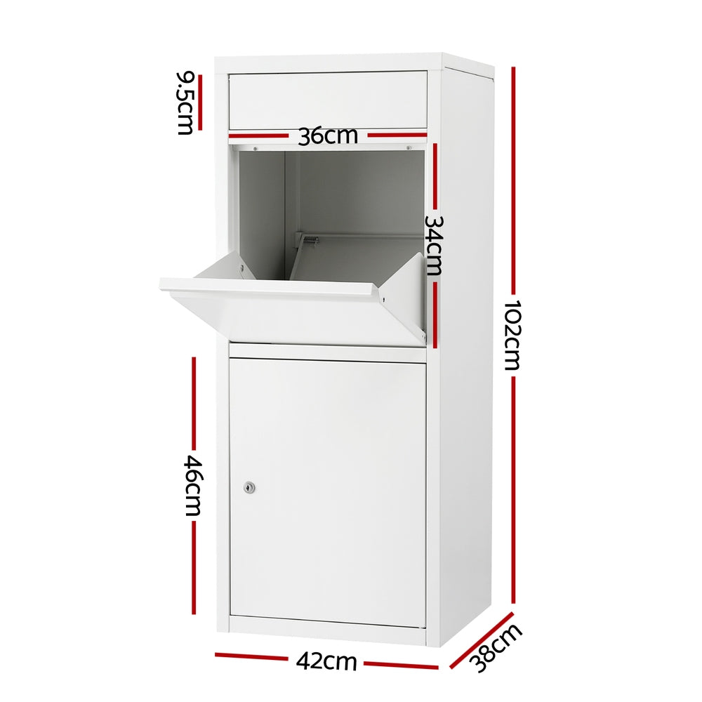 Parcel Drop Box – Weatherproof Steel, White with Lock and Cushion