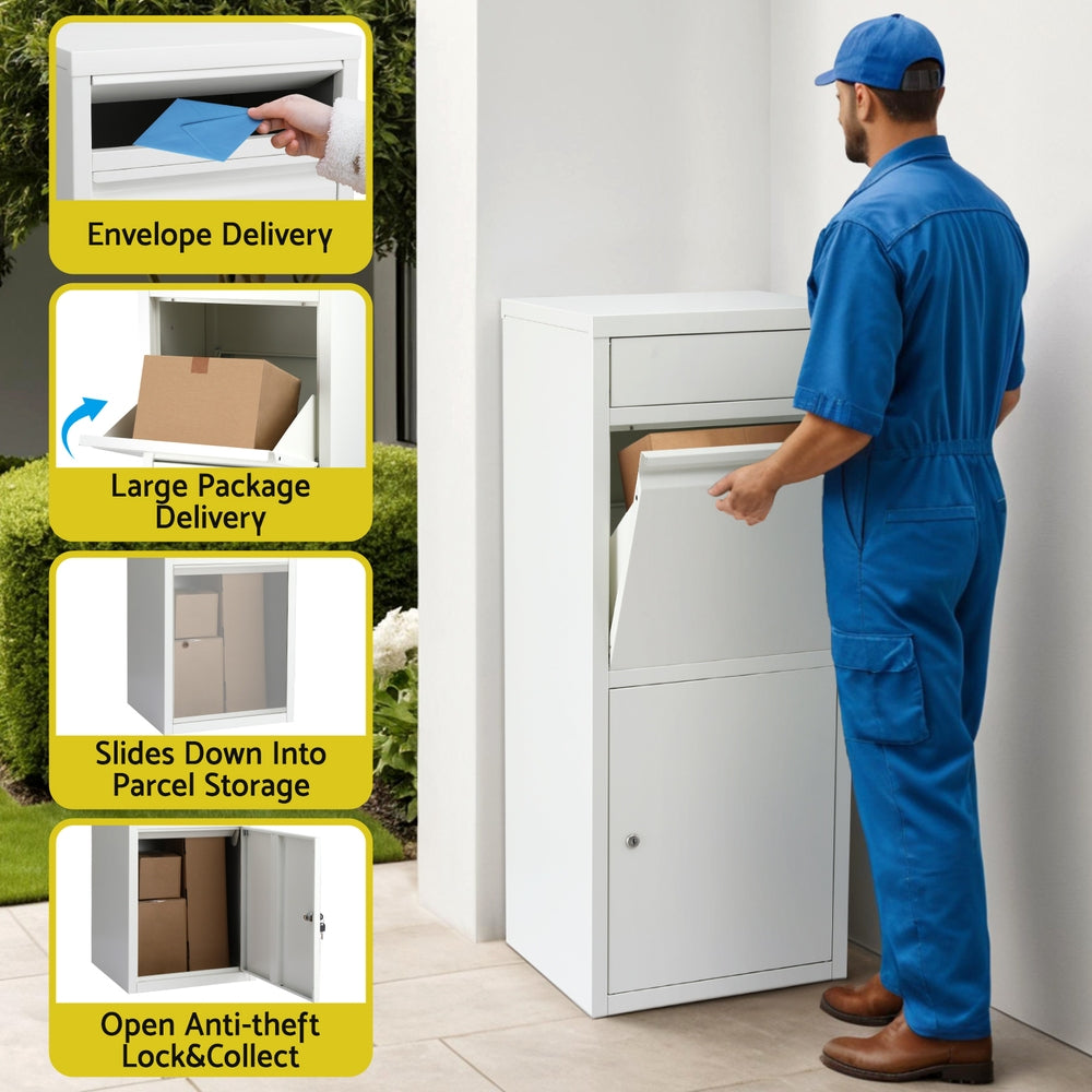 Parcel Drop Box – Weatherproof Steel, White with Lock and Cushion