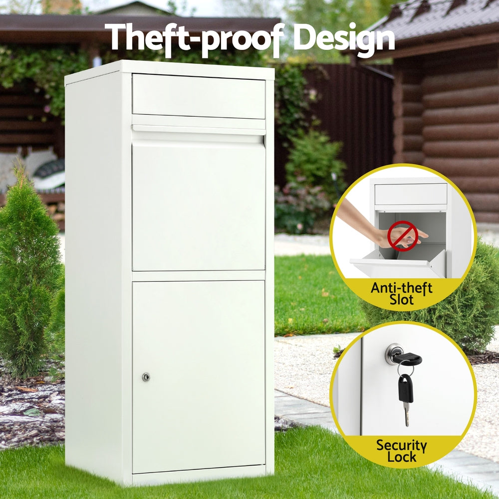 Parcel Drop Box – Weatherproof Steel, White with Lock and Cushion