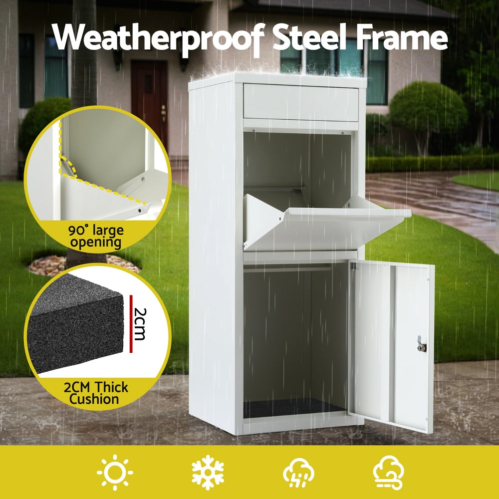 Parcel Drop Box – Weatherproof Steel, White with Lock and Cushion