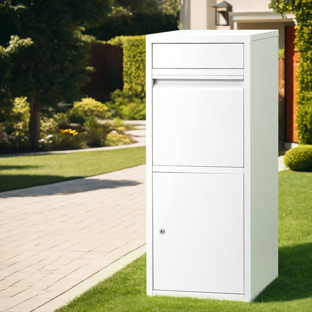 Parcel Drop Box – Weatherproof Steel, White with Lock and Cushion