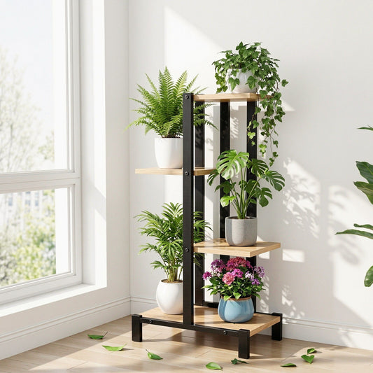 4-Tier Metal Plant Stand – Zigzag Shelves, Black and Oak Finish