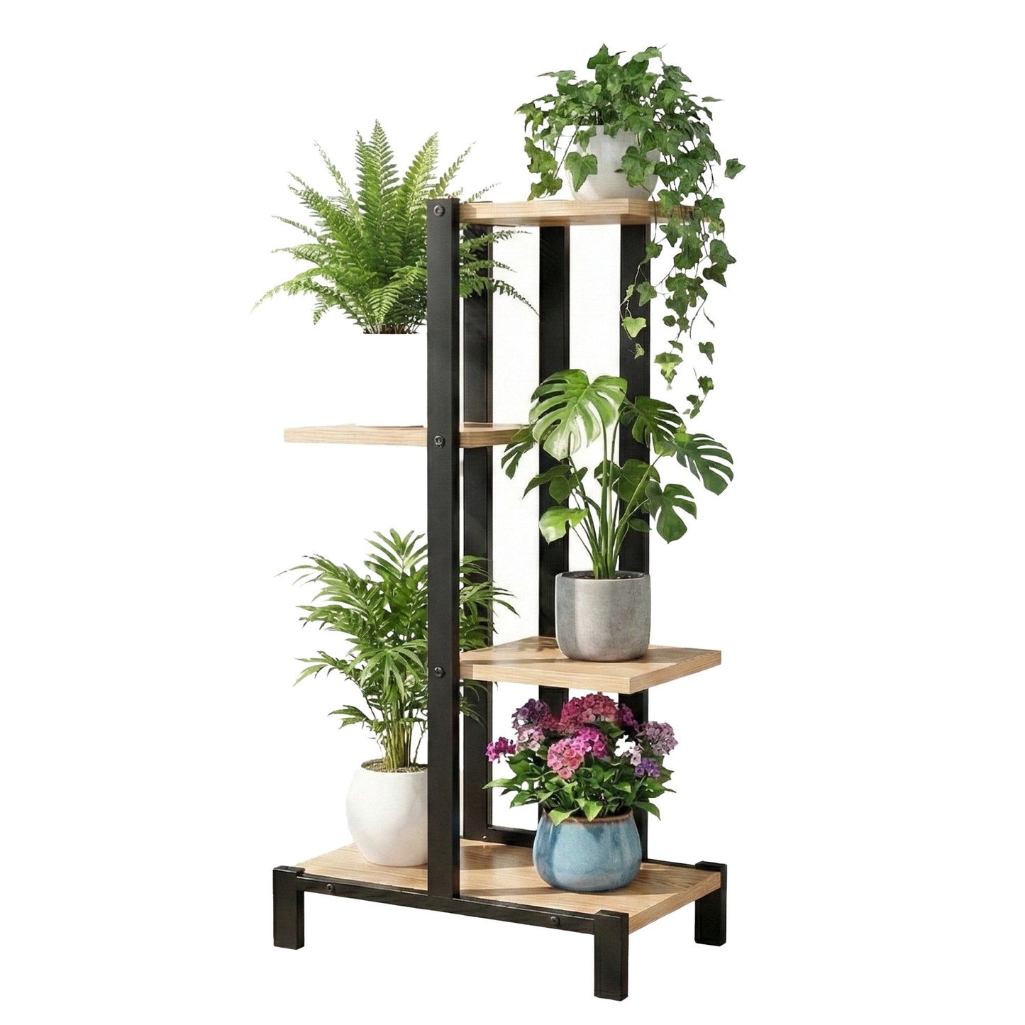 4-Tier Metal Plant Stand – Zigzag Shelves, Black and Oak Finish