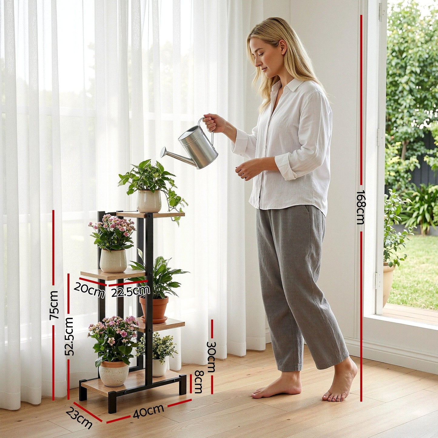 4-Tier Metal Plant Stand – Zigzag Shelves, Black and Oak Finish