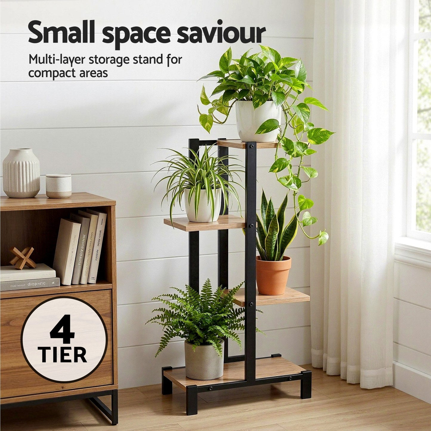 4-Tier Metal Plant Stand – Zigzag Shelves, Black and Oak Finish