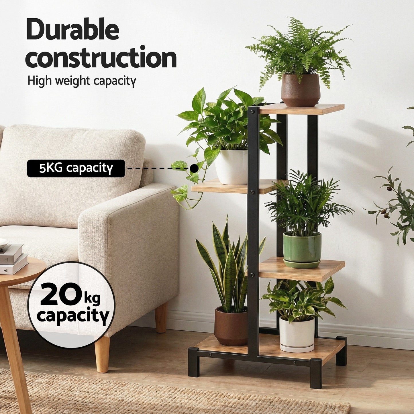 4-Tier Metal Plant Stand – Zigzag Shelves, Black and Oak Finish