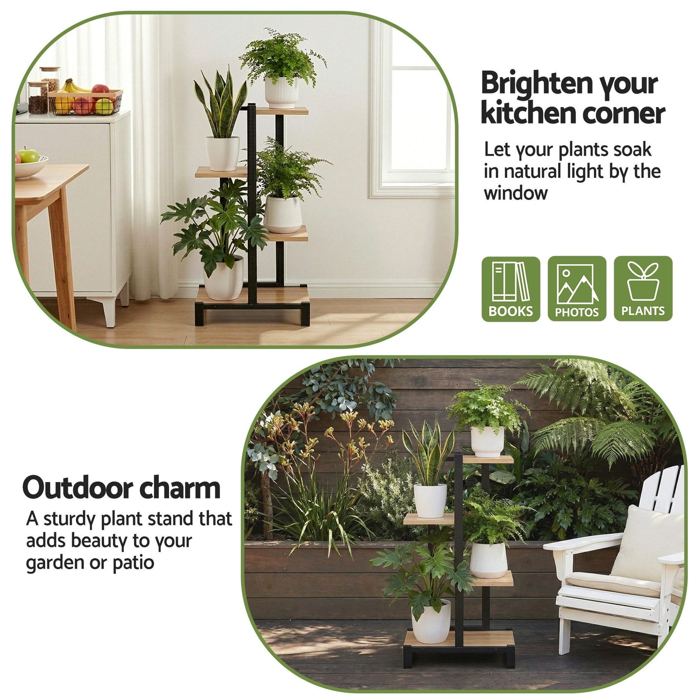 4-Tier Metal Plant Stand – Zigzag Shelves, Black and Oak Finish